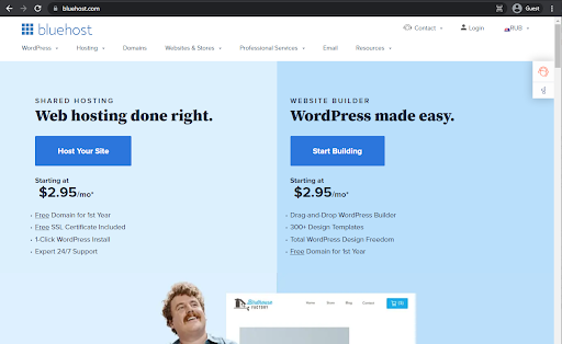 bluehost landing page